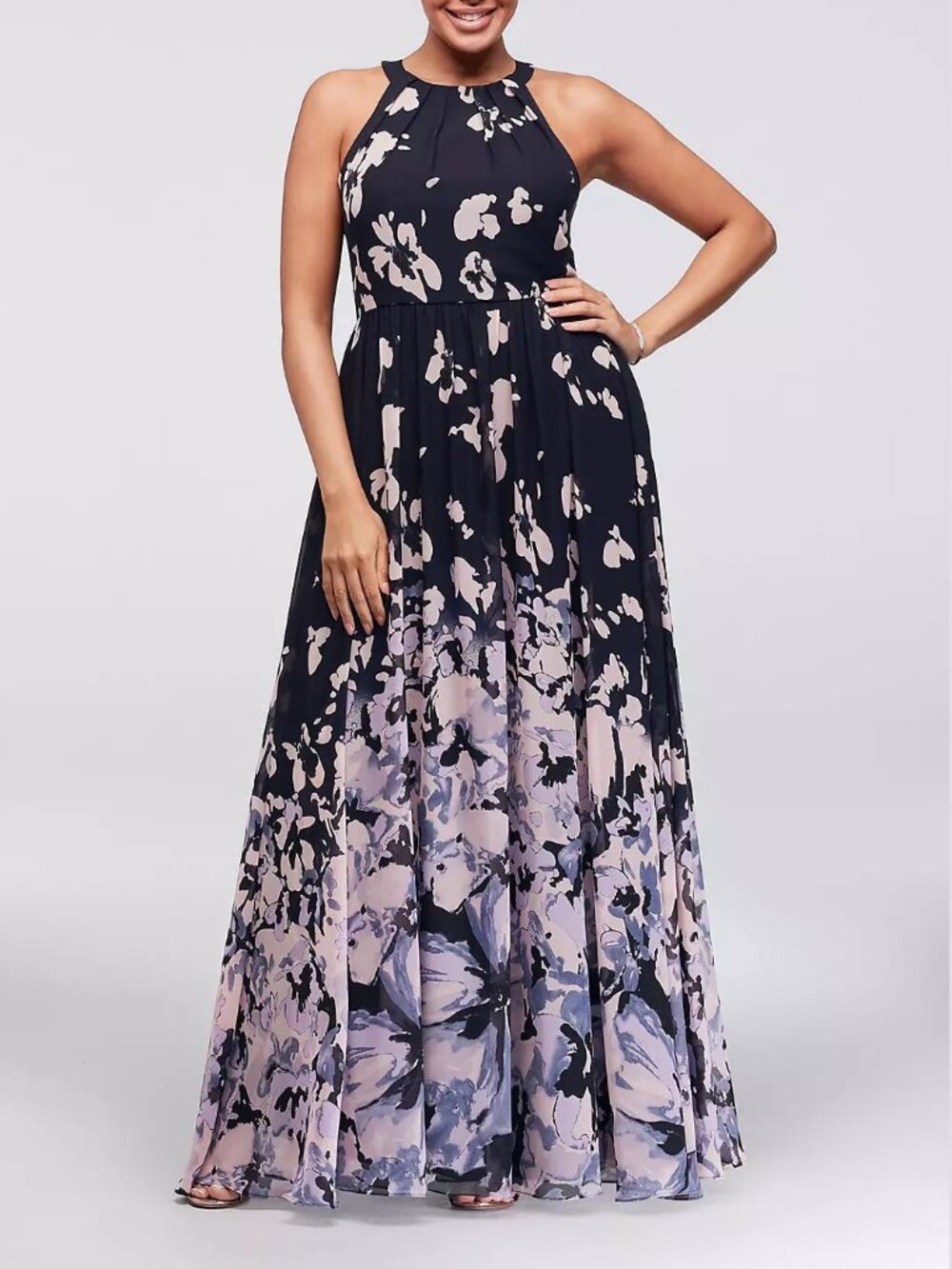 Betsy and Adam Abstract Floral Chiffon Tie-Back Gown maxi dress formal wedding